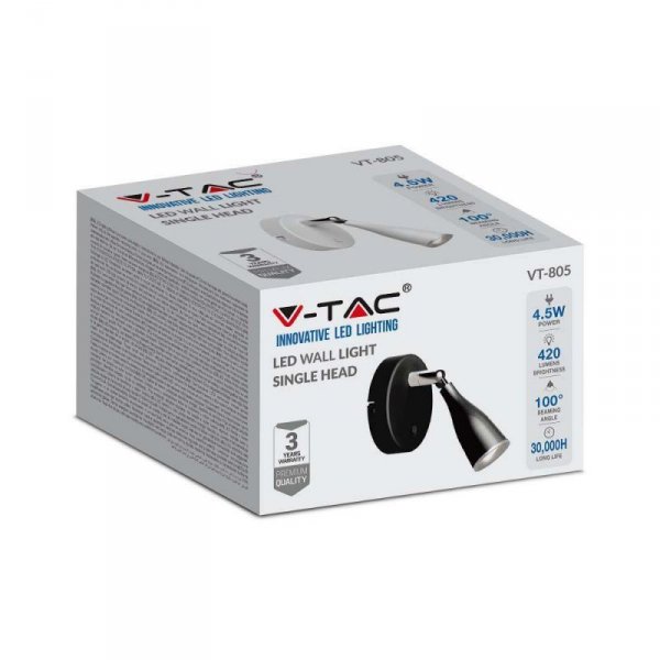 Kinkiet V-TAC 4,5W LED Biały z włącznikiem VT-805 3000K 420lm 3 Lata Gwarancji