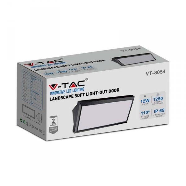 Oprawa Ścienna V-TAC 12W LED Ukośna Czarna IP65 VT-8054 6400K 1250lm