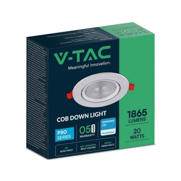 Oprawa V-TAC LED Downlight SAMSUNG CHIP 20W Ruchoma VT-2-20 4000K 1830lm 5 Lat Gwarancji