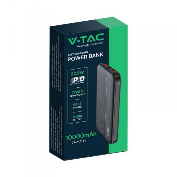 Power Bank V-TAC 10000mAh Czarny 2xUSB Type C SZYBKI 22,5W V-TAC VT-10000-B