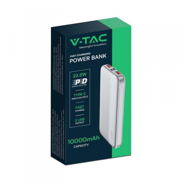 Power Bank V-TAC 10000mAh Biały 2xUSB Type C SZYBKI 22,5W V-TAC VT-10000