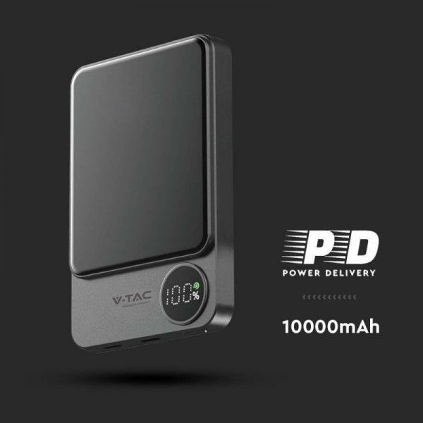 Power Bank V-TAC 10000mAh Szary Magnetyczny 9mm Aluminium, Lightning, LCD, SZYBKI 20W V-TAC VT-100011-SG