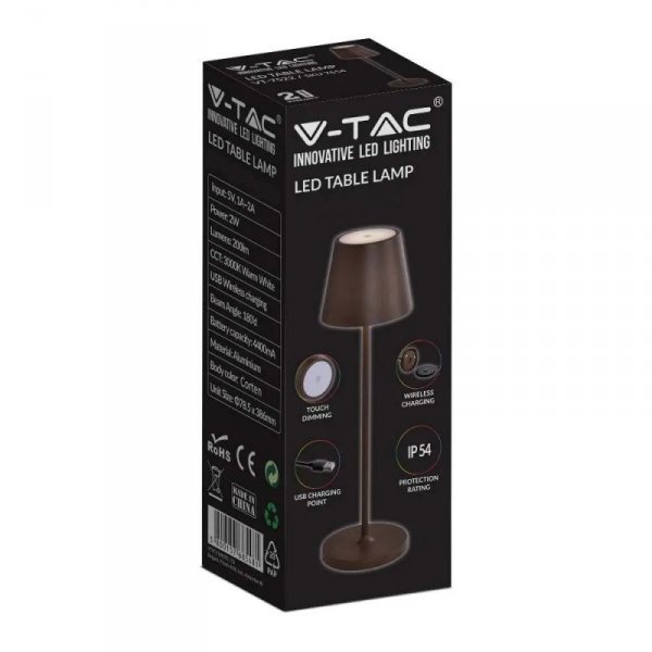 Lampka Biurkowa Nocna V-TAC 1,5W LED Ładowanie Ściemnianie IP54 Brąz, Corten VT-7997 3000K 150lm