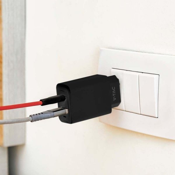 Ładowarka USB V-TAC szybka 20W czarna mini dual USB type-A type-C VT-3530
