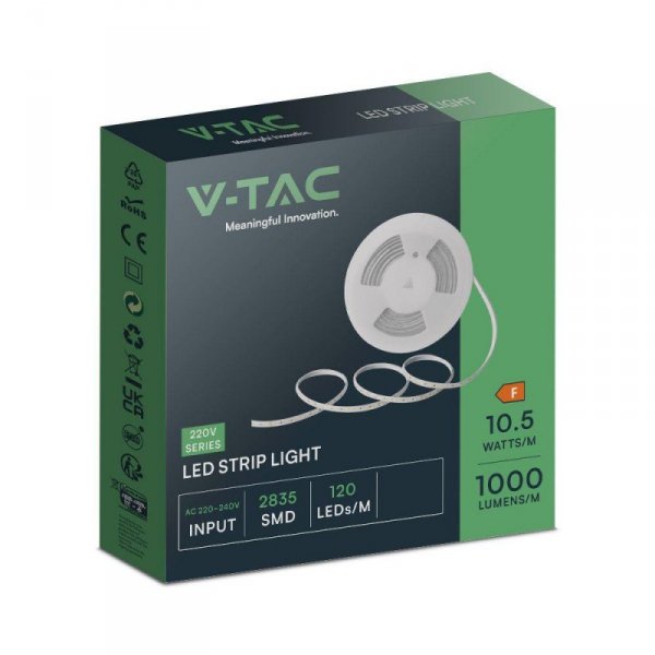 Taśma LED 230V V-TAC RĘKAW IP65 120LED/m 10,5W/m Rolka 10mb VT-2835 121-10M 6500K 1000lm