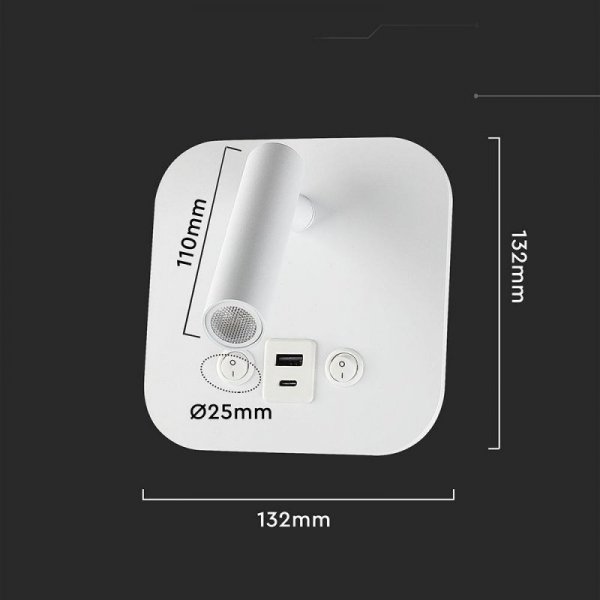 Oprawa LED V-TAC 8W COB CREE kinkiet biały hotel łóżko USB+USB C włącznik VT-80068-W 3000K 830lm 2 Lata gwarancji