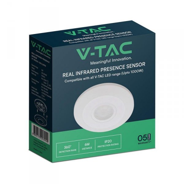 Czujnik ruchu 360st podczerwień natynkowy sufitowy slim biały 24mm 1000W LED V-TAC VT-81005 5 lat gwarancji