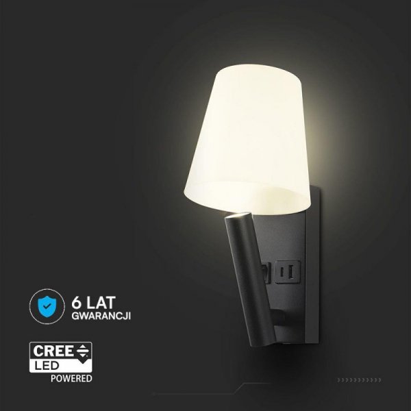 Oprawa LED V-TAC 2W COB CREE kinkiet czarny hotel łóżko USB+USB C klosz VT-88062-B 3000K 60lm