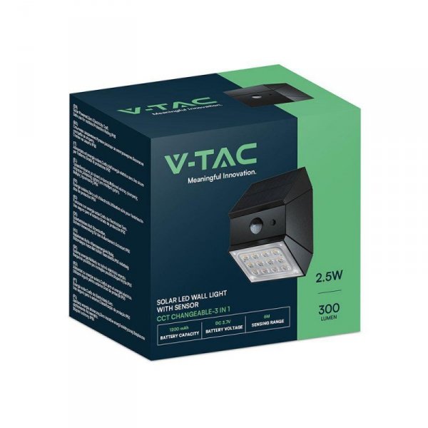 Kinkiet ogrodowy ścienny solarny V-TAC 2,5W CCT czujnik ruchu czarny VT-11025CCT-B 3000K-4000K-6000K 300lm 3 lata gwarancji