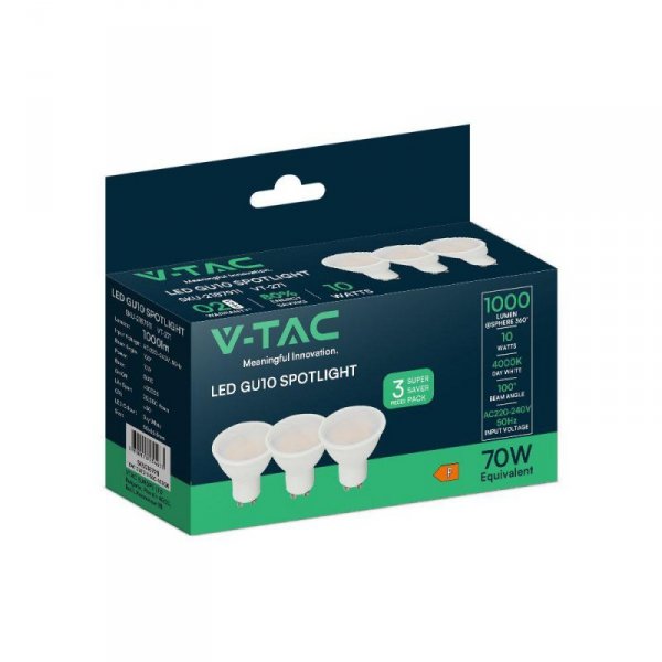Żarówka LED V-TAC GU10 10W 100st (opak. 3szt) VT-271 4000K 1000lm