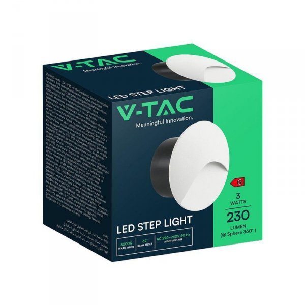 Oprawa schodowa aluminiowa 3W LED V-TAC okrągła biała 230V IP65 VT-44002RD 3000K 230lm