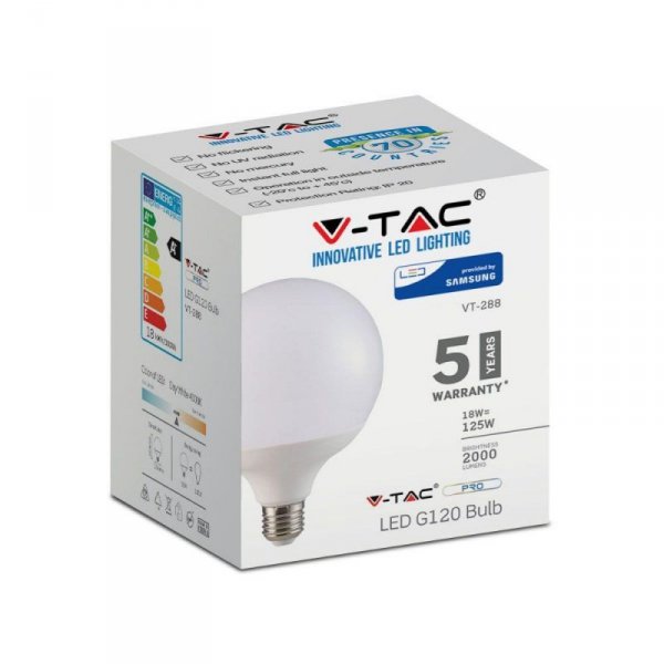Żarówka LED V-TAC SAMSUNG CHIP 18W E27 GLOBE G120 VT-288 6400K 2000lm 5 Lat Gwarancji