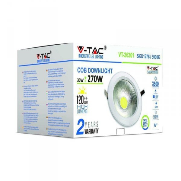 Oprawa 30W LED V-TAC COB Downlight Okrągły A++ 120lm/W VT-26301 3000K 3600lm