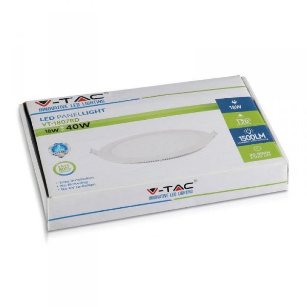 Panel LED V-TAC Premium Downlight 18W Okrągły fi225 VT-1807 6000K 1500lm 2 Lata Gwarancji