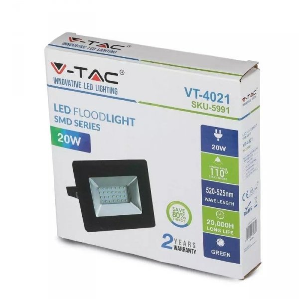 Projektor LED V-TAC 20W Czarny E-Series IP65 VT-4021-G Kolor Zielony 1700lm
