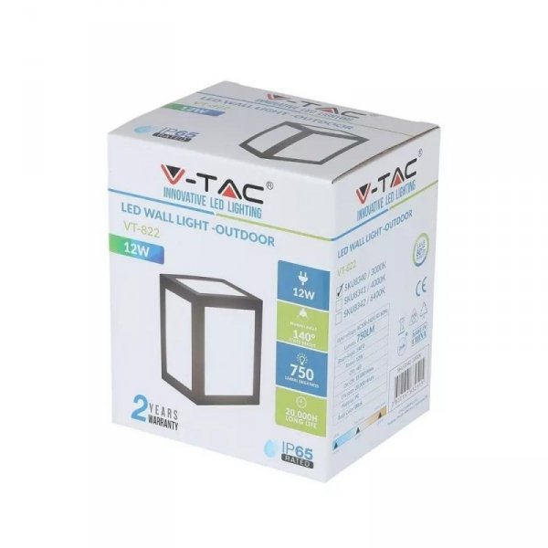 Oprawa Ścienna V-TAC 12W LED IP65 Czarna VT-822 4000K 750lm