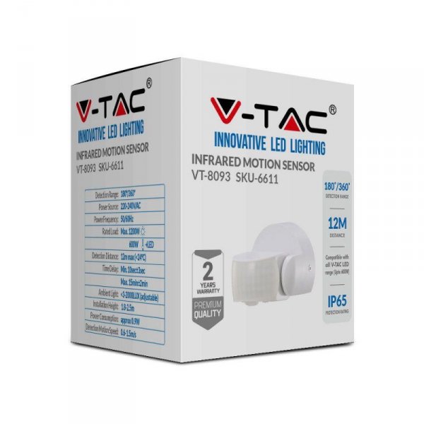 Czujnik Ruchu V-TAC Ścienny Biały 180st/360st IP65 VT-8093