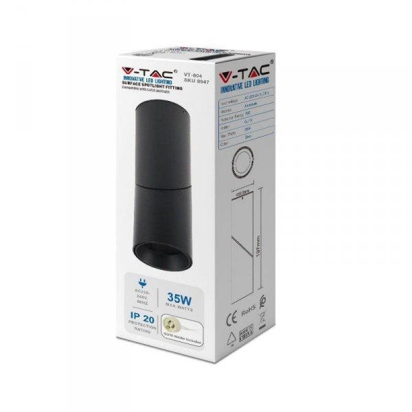 Oprawa V-TAC aluminiowa GU10 okrągła natynkowa tuba czarna VT-804 3 lata gwarancji