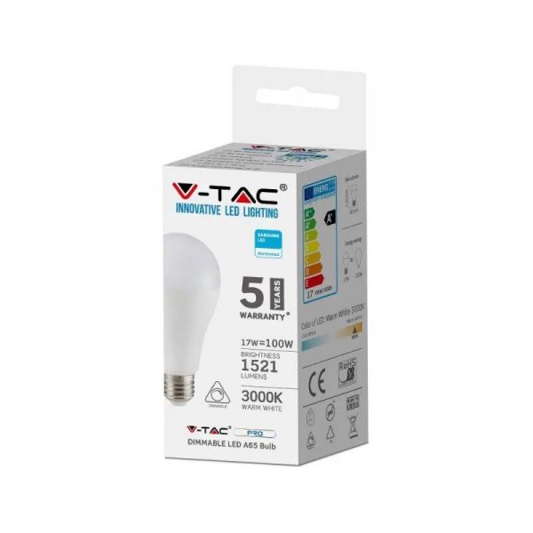 Żarówka LED V-TAC SAMSUNG CHIP 17W E27 A65 ściemnialna VT-217D 4000K 5 lat gwarancji