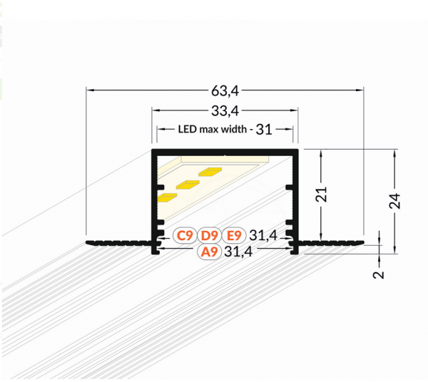  Profil aluminiowy LED wpustowy VARIO30-05 2m.