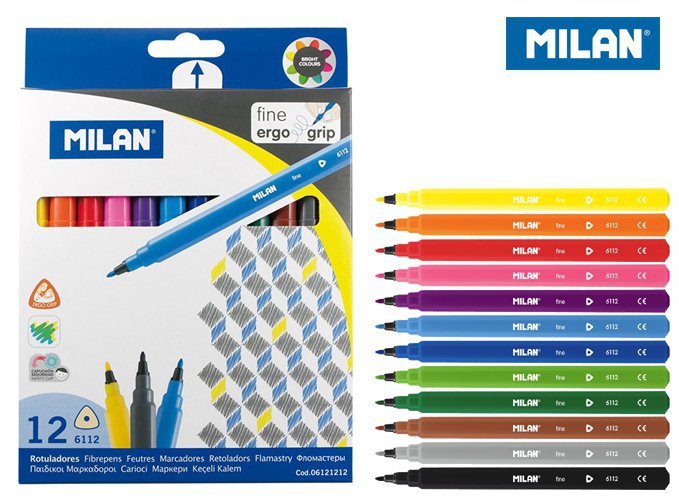 Flamastry trójkątne cienkie Milan 12 kolorów