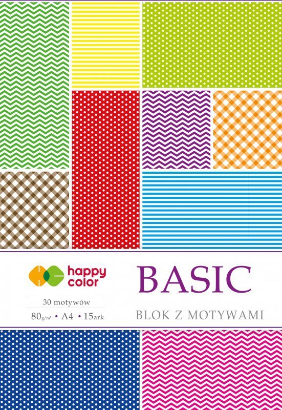 Blok Happy Color z motywami BASIC A4 15 arkuszy 80g/m2, 30 motywów