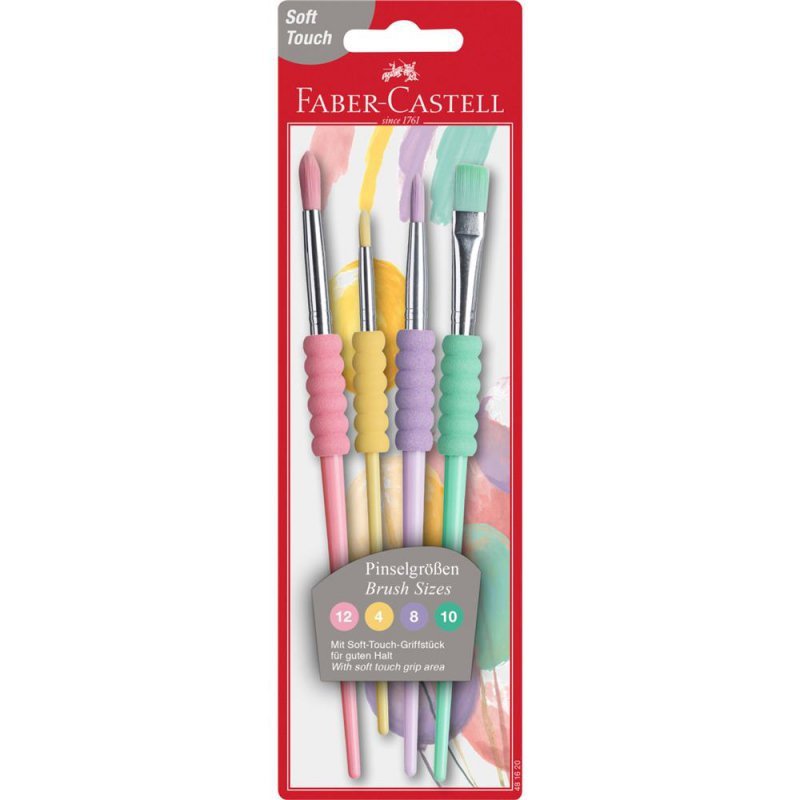 Pędzle szkolne Faber-Castell z miękkim uchwytem kolory pastelowe 4 sztuki Blister