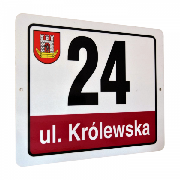 Odblaskowa tablica adresowa aluminiowa 30x25 cm z herbem gminy, numerem domu i nazwą ulicy