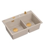 Quadron MARC 120 WORKSTATION GraniteQ zlewozmywak 2-komorowy 760*500*235 mm pearl beige + syfon push to open + dozownik + deska + wkładka / elementy miedziane HQC7650U2PVDC1