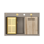 Quadron MARC 120 WORKSTATION GraniteQ zlewozmywak 2-komorowy 760*500*235 mm soft taupe + syfon push to open + dozownik + deska + wkładka / elementy złote HQC7650U4PVDG1