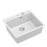 QUADRON | MORGAN 110 FM PRODUKT NA ZAMÓWIENIE | granitowy zlewozmywak kuchenny BIAŁY + STAL | wymiary: 56,5 x 49,5 x 21,6 cm | 1-komorowy na równi w blatem | podbudowa szafki od: 60 cm HB8304U1FMBSP2O