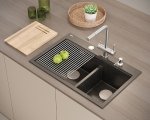 Quadron MARC 120 WORKSTATION GraniteQ zlewozmywak 2-komorowy 760*500*235 mm black diamond + syfon push to open + dozownik + deska + wkładka / elementy złote HQC7650U8PVDG1