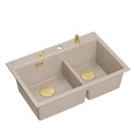 Quadron MARC 120 WORKSTATION GraniteQ zlewozmywak 2-komorowy 760*500*235 mm pearl beige + syfon push to open + dozownik + deska + wkładka / elementy złote HQC7650U2PVDG1