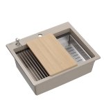 Quadron KURT 110 WORKSTATION GraniteQ zlewozmywak granitowy pearl beige 1-komorowy z/o (59,5x50x21,5) z syfonem i dozownik + Qmata + deska + wkładka ociekowa HCQ5052BEZP
