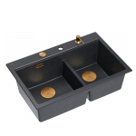 Quadron MARC 120 WORKSTATION GraniteQ zlewozmywak 2-komorowy 760*500*235 mm black diamond + syfon push to open + dozownik + deska + wkładka / elementy miedziane HQC7650U8PVDC1