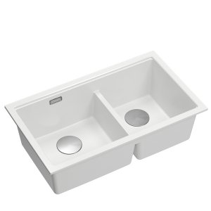 QUADRON | LOGAN 120 | granitowy zlewozmywak kuchenny BIAŁY + STAL | wymiar: 76 x 45 x 23,5 cm | 2-komorowy wpuszczany | podbudowa szafki od: 80 cm HQL7645U1BSI