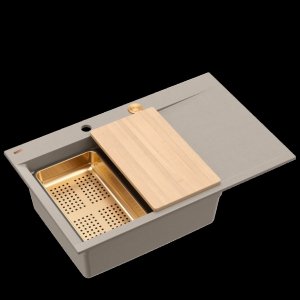 Quadron JOSH 111 GraniteQ zlewozmywak 1-komorowy z/o (780x500x215) soft taupe + syfon push 2 open + deska + wkładka/ elementy miedziane HCQJ7850U4PVDC1P2O