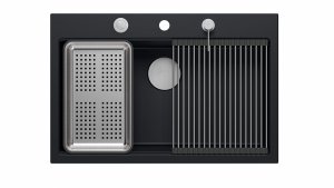 Quadron MARC 110 WORKSTATION GraniteQ zlewozmywak 1-komorowy 760*500*235 mm pure carbon + syfon push to open + dozownik stal szcz.+ wkładka ociekowa+ Qmata +deska/ elementy stalowe HQM7650U7BS