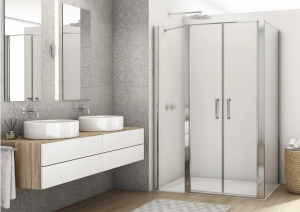 Ronal drzwi wahadłowe dwuczęściowe ze ścianką stałą w linii 140x200 cm, szkło przezroczyste, profile Srebrny połysk D22T32120205007