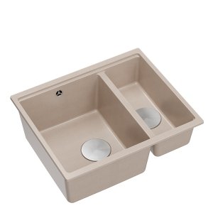 Quadron LOGAN 150 GraniteQ zlewozmywak pearl beige 56x46x22 cm 1,5-komorowy b/o podwieszany + syfon manualny stal szczotkowana save space HCQL5646U2BSU