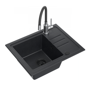 QUADRON BEN 116 zlewozmywak granitowy czarny (55x44x17,5) + bateria elastyczną wylewką czarna + syfon czarny + zaślepka czarna
