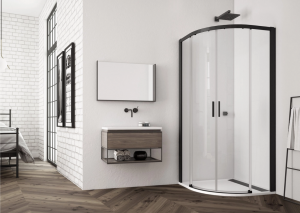 Ronal kabina półokrągła na wymiar z drzwiami rozsuwanymi 80-120x200 cm, szkło przezroczyste, profile BLACK LINE czarny mat TLSR55SM10607