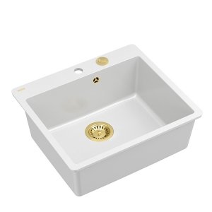 QUADRON | MORGAN 110 FM PRODUKT NA ZAMÓWIENIE | granitowy zlewozmywak kuchenny BIAŁY + ZŁOTO PVD | wymiary: 56,5 x 49,5 x 21,6 cm | 1-komorowy na równi w blatem | podbudowa szafki od: 60 cm HB8304U1FMG1P2O