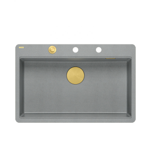 QUADRON | MARC 110 FM granitowy zlewozmywak kuchenny SZARY + ZŁOTO PVD | wymiary: 75 x 49 x 24 cm | akcesoria: syfon, dozownik, deska | 1-komorowy na równi w blatem | podbudowa szafki od: 80 cm HQM7650U5FMPVDG1