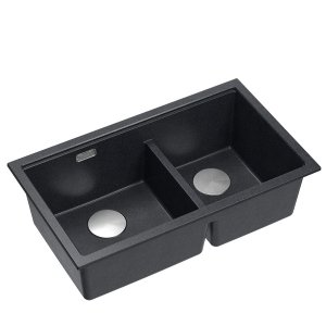 QUADRON | LOGAN 120 | granitowy zlewozmywak kuchenny BLACK DIAMOND + STAL | wymiar: 76 x 45 x 23,5 cm | 2-komorowy podwieszany | podbudowa szafki od: 80 cm HQL7645U8BSU