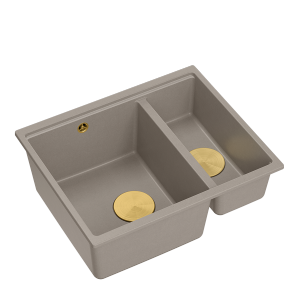 QUADRON | LOGAN 150 | granitowy zlewozmywak kuchenny SOFT TAUPE + ZŁOTO PVD | wymiary: 55,5 x 46 x 22 cm | 1,5-komorowy wpuszczany | podbudowa szafki od: 60 cm HCQL5646U4G1I