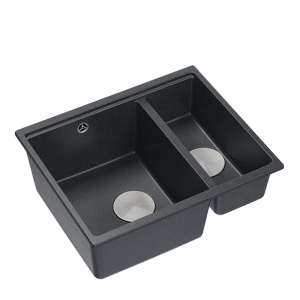 QUADRON | LOGAN 150 | granitowy zlewozmywak kuchenny CZARNY + STAL | wymiary: 55,5 x 46 x 22 cm | 1,5-komorowy wpuszczany | podbudowa szafki od: 60 cm HCQL5646U8BSI