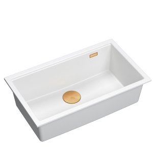 Quadron LOGAN 110 GraniteQ zlewozmywak snow white 76x44x23,5 cm 1-komorowy podwieszany z syfonem manualnym miedziany HQD7644U1PVDC1U
