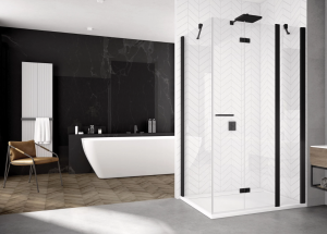 Ronal drzwi jednoczęściowe lewe na wymiar ze ścianką stałą w linii 100-160x0-200 cm, szkło przezroczyste, profile BLACK LINE czarny mat SOLF13GSM10607