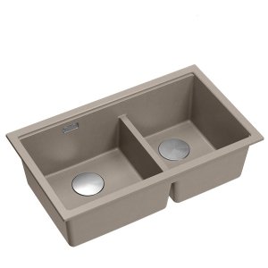 QUADRON | LOGAN 120 | granitowy zlewozmywak kuchenny SOFT TAUPE + STAL | wymiar: 76 x 45 x 23,5 cm | 2-komorowy podwieszany | podbudowa szafki od: 80 cm HQL7645U4BSU